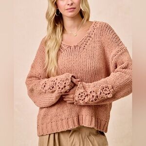 💖Hello Gorgeous! BiBi Chunky Knit Sweater with Flower Detail Sleeves-Dusty Peach